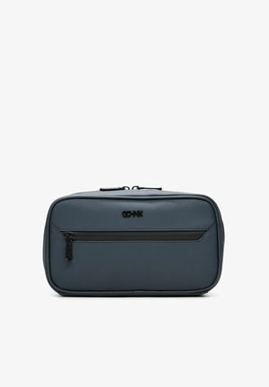 Kompaktowa prostokątna ciemnoszara torba na kosmetyki z przednią kieszenią na zamek i podwójnym zamknięciem na zamek na górze.