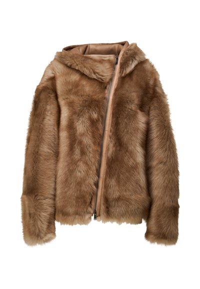 Brown faux fur jacket with a hood, featuring a zip closure and soft texture. Short, wide sleeves and smooth lining are visible.