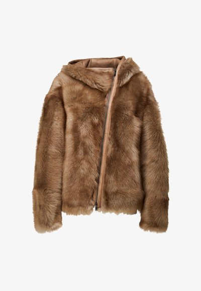 Brown faux fur jacket with a hood, featuring a zip closure and soft texture. Short, wide sleeves and smooth lining are visible.