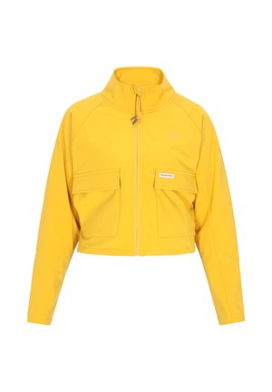 Beskåret gul jakke med høj krave, lynlåslukning og to forlommer. Fremstillet af glat stof med en diskret logodetalje.