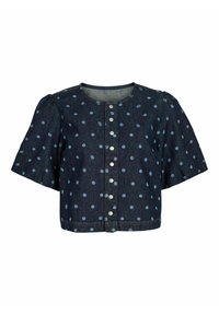 Haut court en denim bleu foncé avec des pois bleu clair. Il présente des manches courtes bouffantes et une fermeture à boutons devant avec des boutons argentés.