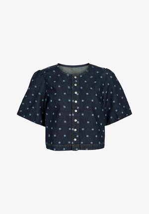 Kratka jeans majica tamnoplave boje s svijetloplavim tufnama. Ima kratke naškrobljene rukave i prednju kopčanje sa srebrnim gumbima.