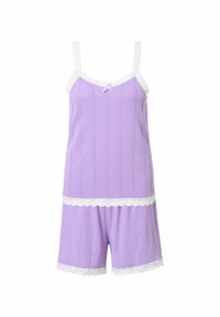 Lavender katoenen pyjama set met een kanten tanktop en shorts, voorzien van een gestructureerd patroon en een klein roze strikje bij de hals.