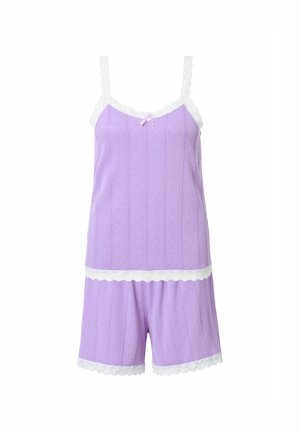 Lavendel Baumwoll-Schlafanzug-Set, bestehend aus einem ärmellosen Top mit Spitze und Shorts, mit einem strukturierten Muster und einem kleinen rosa Schleifendetail am Ausschnitt.