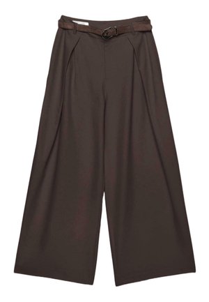Dark brown wide-leg trousers with pleats at the waist and a matching slim belt with a metal buckle.