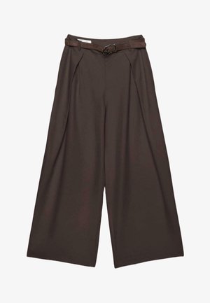 Dark brown wide-leg trousers with pleats at the waist and a matching slim belt with a metal buckle.