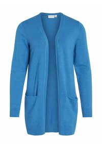 Blauer Cardigan mit V-Ausschnitt, offener Vorderseite, zwei Fronttaschen und gerippten Bündchen. Hergestellt aus einem weichen Material mit glatter Textur.