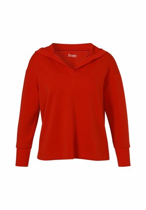 Red long-sleeve pullover with a loose collar and ribbed cuffs, designed for casual wear.