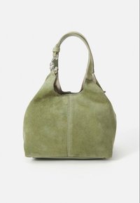 Green suede handbag with a rounded shape, single handle, and silver hardware accents. Smooth texture with minimal visible seams.
