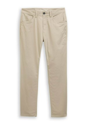 Beige Baumwoll-Chinos mit geradem Bein, ausgestattet mit Fronttaschen, einem Knopfverschluss und dezenten Steppdetails.