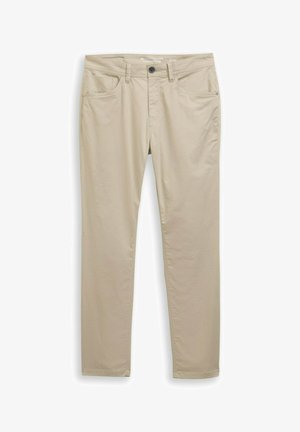 Chinos de algodón beige con un diseño de pierna recta, que cuentan con bolsillos frontales, un cierre de botón y detalles de costura sutiles.