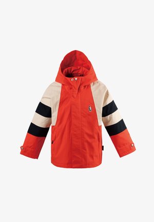Veste à capuche pour enfants de couleur orange vif avec des manches rayées beige et noir, fermeture éclair à l'avant et petit logo pingouin sur la poitrine.