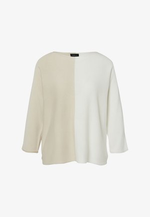 Haut en maille à manches longues avec côté gauche beige et côté droit blanc, col rond et coupe ample.