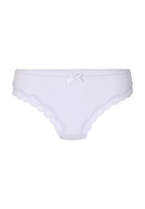 White ribbed women's underwear with lace trim along leg openings and a small bow centered on the waistband.