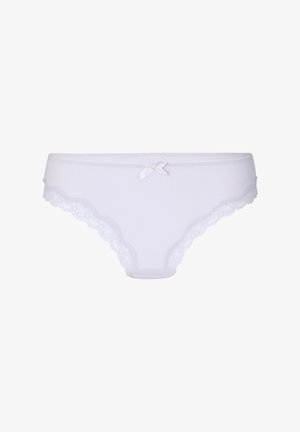 White ribbed women's underwear with lace trim along leg openings and a small bow centered on the waistband.