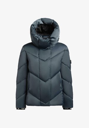 Ciemnoniebieska kurtka puchowa z wysokim, wyściełanym kołnierzem. Posiada przeszycia w kształcie zygzaka i boczne kieszenie. Gładka tekstura, ocieplana konstrukcja.
