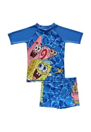 Children’s two-piece swimwear set with blue water-pattern background featuring SpongeBob SquarePants, Patrick Star, and Gary the snail characters.