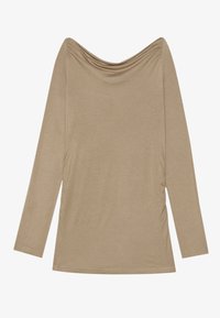 Langermet topp i beige, med drapert halslinje, rynkede sider og mykt, elastisk stoff. Jevn tekstur med avslappet passform.