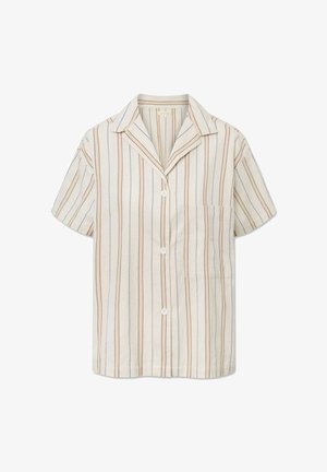 Chemise à manches courtes en tissu léger crème avec des rayures verticales marron et bleu. Dotée d'un col en V et d'une poche avant.