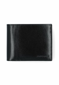 Czarny skórzany portfel o gładkiej fakturze, w formacie bi-fold, z subtelnym logo z przodu. Kompaktowy i prostokątny kształt.