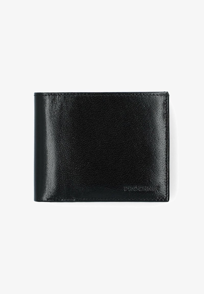 Czarny skórzany portfel o gładkiej fakturze, w formacie bi-fold, z subtelnym logo z przodu. Kompaktowy i prostokątny kształt.