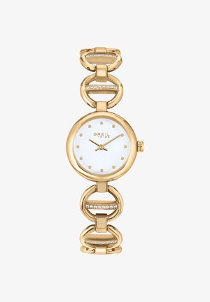 Montre-bracelet en métal doré avec un cadran rond blanc, des indices horaires dorés, et un bracelet à maillons comportant des maillons circulaires et des accents en cristal.