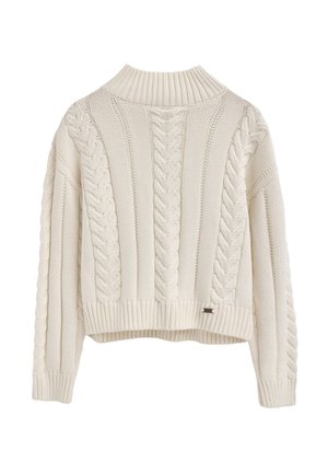 Maglione a maglia cable color avorio. Presenta un alto colletto a coste, spalle cadenti e un orlo largo a coste. Motivi texture in tutto il capo.