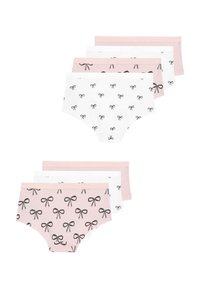Sada pěti bavlněných hipster kalhotek v růžové a bílé barvě, zdobených malými vzory černých mašliček a jednobarevnými akcenty na páscích.