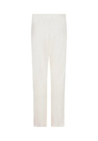 Witte, lichtgewicht broek met een elastische tailleband, rechte pijpen en een zachte textuur. Minimalistisch ontwerp, zonder patronen of hardware details.