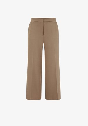 Laiade säärtega püksid helepruunis, siledas kangas. Omavad lihtsat ja puhast disaini, tasapinnaline eesosa ilma nähtavate taskute või kaunistusteta.