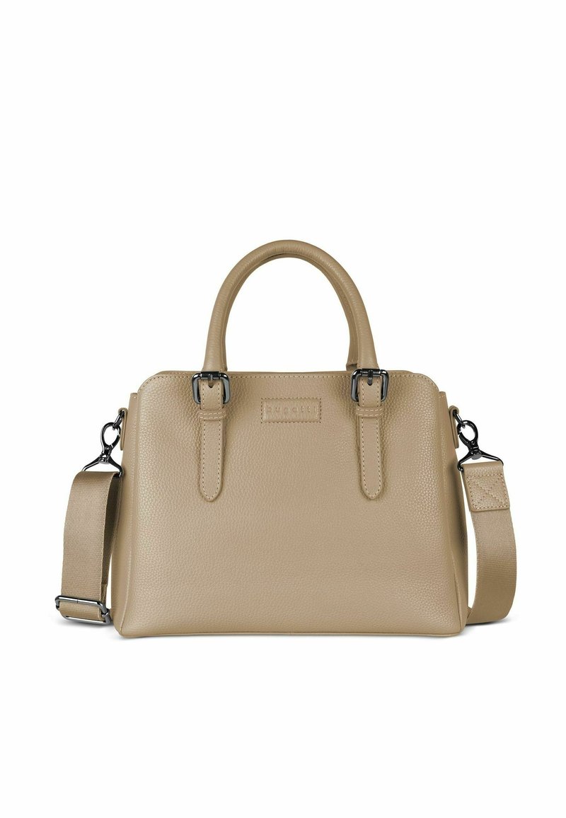 Borsa a mano in pelle beige con texture, dotata di due manici superiori e una tracolla rimovibile. Presenta dettagli in metallo color argento e una forma rettangolare.