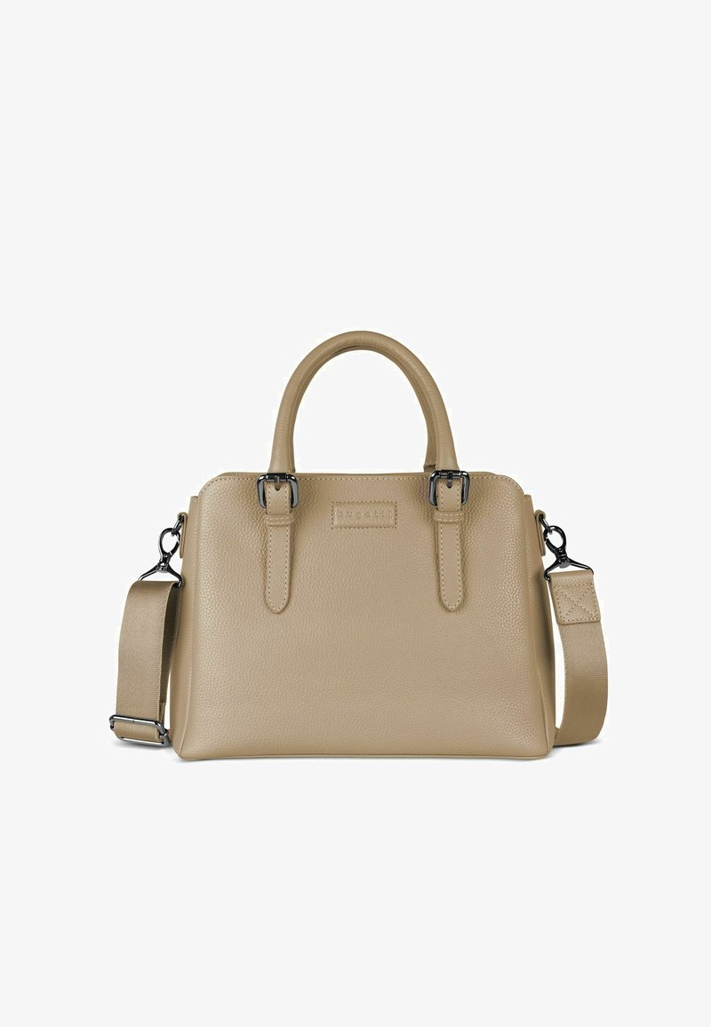 Borsa a mano in pelle beige con texture, dotata di due manici superiori e una tracolla rimovibile. Presenta dettagli in metallo color argento e una forma rettangolare.