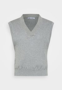 Chaleco de punto gris sin mangas con escote en V, textura acanalada y dobladillo ajustado. Las variaciones sutiles de color añaden interés visual.