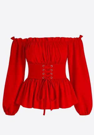 Top rojo con hombros descubiertos, mangas abullonadas, cintura ajustada, detalle de cordones y bajo de peplum acampanado. Tela suave con un color intenso.