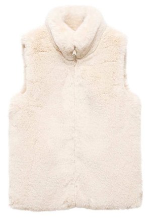 Kremowa bezrękawnikowa kamizelka z sztucznego futra z wysokim kołnierzem i zapięciem na przedni zamek.