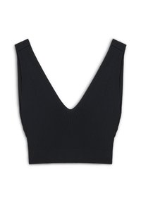 Zwarte geribbelde bralette met een diepe V-halslijn, brede banden en een elastische onderband. Gladde textuur en aansluitend ontwerp.