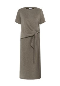 Kašmirna jersija obleka s kratkimi rokavi, okroglo ovratnikom, detajlom vezanja v pasu in sproščenim krojem. Gladka tekstura in dolžina do kolen.