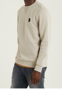 Béžová mikina s kulatým výstřihem s žebrovanými lemy na rukávech a spodním okraji, s malou černou logovou nášivkou na hrudi. Hladká textura, pohodlný střih.