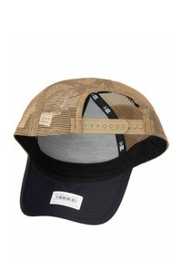 Beige Netz- und Marineblau Stoffmütze mit gebogenem Schirm. Verfügt über einen Kunststoff-Snapback-Verschluss und ein Innenetikett. Texturierte Oberfläche mit sichtbaren Nähten.