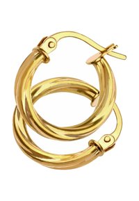 Kuldse tooniga rõngaskõrvarõngad, millel on keerutatud disain, sile ja poleeritud pind ning turvaline tõmbelukuga sulgur.