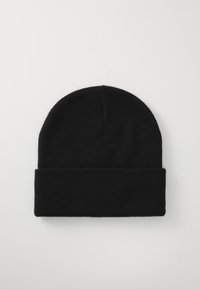 Black knitted beanie with a folded cuff, featuring a smooth texture and simple, cylindrical shape. No additional patterns or accents.