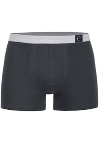 Boxershort gemaakt van zachte, donkergrijze stof met een lichtgrijze elastische tailleband met een logo. Aansluitend ontwerp met een gladde textuur.