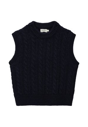 Pull sans manches bleu marine en maille avec motif torsadé et col, emmanchures et ourlet en côtes, taille petite.