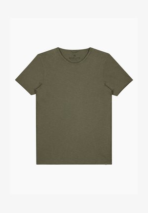 Olive green short-sleeve t-shirt in soft fabric with a round neckline and straight hem. Features a brand tag in the lower right corner.