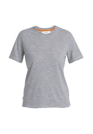 Gestreiftes Kurzarm-T-Shirt in Marineblau und Weiß. Weicher Stoff mit Rundhalsausschnitt. Horizontale Streifen über den Körper. Markenetikett sichtbar.
