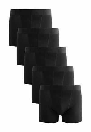 Schwarze Baumwoll-Boxershorts, in einer Reihe gestapelt, mit einem weichen elastischen Bund und geprägtem Text sowie einer glatten Oberfläche.