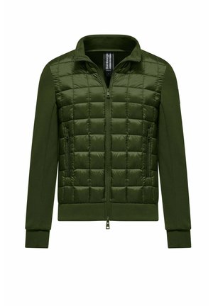 Kurtka na zamek w oliwkowym kolorze, z pikowanym przednim panelem, gładkimi długimi rękawami, stójką i zamykanymi na zamek bocznymi kieszeniami.