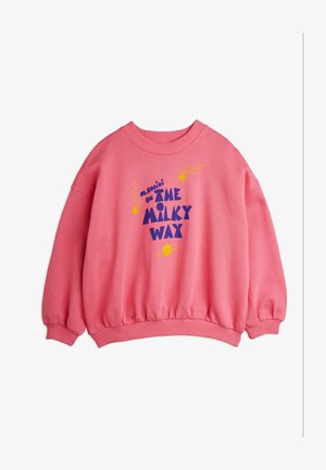 Różowa bluza crewneck z niebieskim napisem "Mr. Rodini on The Milky Way" oraz żółtymi gwiazdkami i grafikami planety na przodzie.