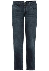 Jean droit bleu foncé en denim, doté de cinq poches, d'une fermeture à bouton et à zip, et d'un léger délavage pour ajouter de la texture.