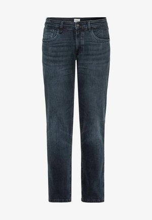 Mørkeblå lige ben jeans lavet af denim, med fem lommer, en knap- og lynlås lukning samt subtilt slid for tekstur.